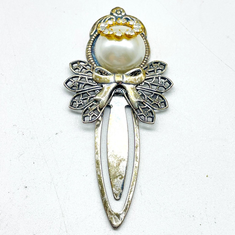 Angel Bookmark Silver Tone Faux Pearl Rhinestone Metal Book Marker Gift Reader